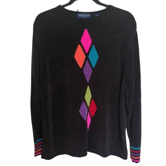KAREN SCOTT Dark Brown Black Chenille Crew Neck Sweater Colourful Argyle 2X - Picture 1 of 8